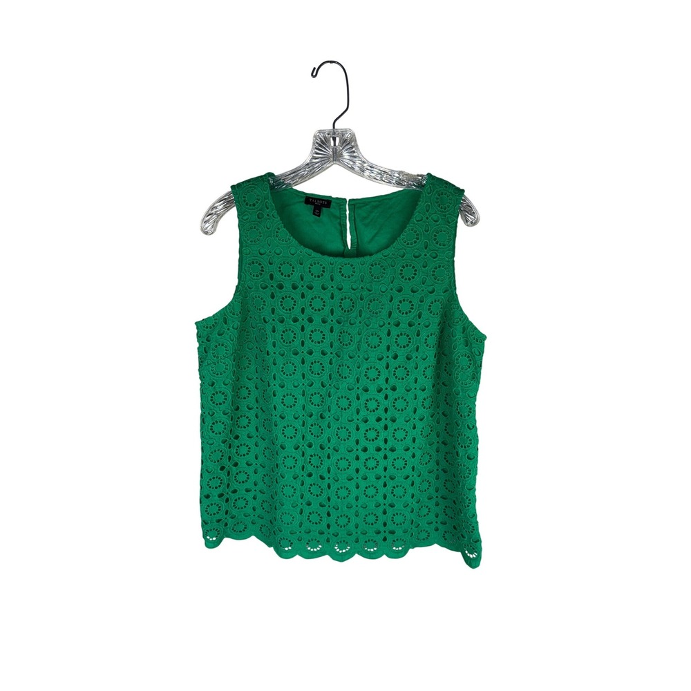 Talbots Petites Green Eyelet Sleeveless Shell Top Scalloped Hem Size 12P